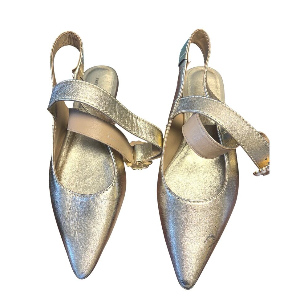 Free People Gold Metallic Pointed Toe Flats Pearl Buckle Strap Size 7 - Picture 6 of 10
